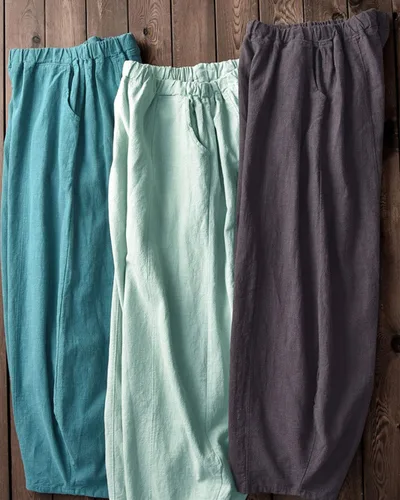 Vista 7 de Iximo Pantalones de lino y algodón, holgados, para mujer, con cintura elástica y ajuste relajado, informales, estilo harén