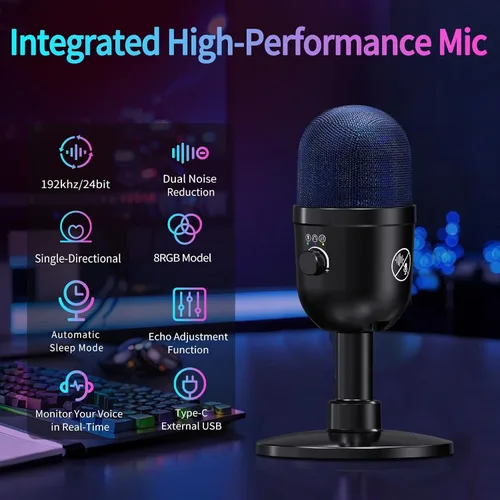 Vista 2 de Micrófono USB para PC – Micrófono para juegos de computadora con iluminación RGB para PS 4 y 5, mezcla de audio dual, silencio, salida