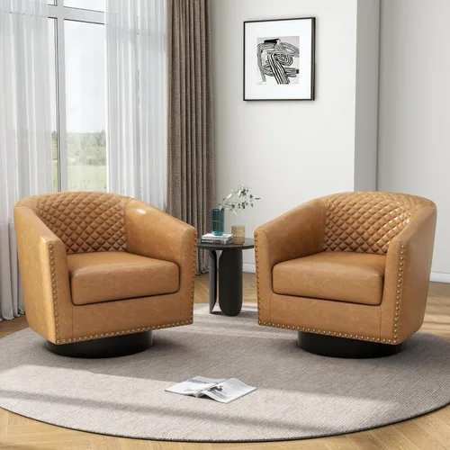 Vista 30 de Pia Ricco Silla de Acento Tipo Barril de Cuero Sintético, Silla de Club Moderna con Brazos, Cómoda Silla Individual Tapizada con Patas de Madera