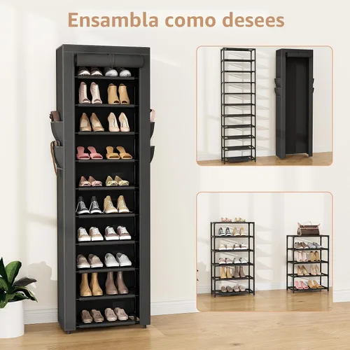 Vista 5 de VTRIN - Zapatero alto, organizador estrecho y vertical para armario o recibidor, 10 niveles, cubierta no tejida, contiene 20-22 pares de zapatos
