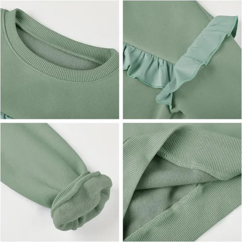 Vista 6 de Sudaderas casuales de cuello redondo para niñas, con volantes, manga larga, lindo color sólido