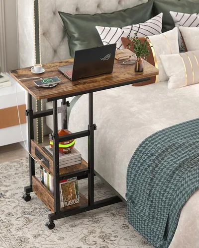 Vista 9 de Mesa auxiliar de altura ajustable con estación de carga, mesa auxiliar móvil para computadora portátil en forma de C con ruedas, mesa de sofá de 3