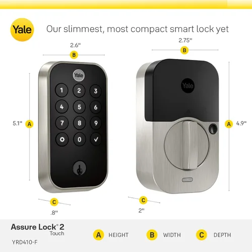 Vista 7 de Yale Assure Lock 2 Touch Deadbolt, Cerradura de pestillo de níquel satinado para puerta de entrada inteligente con teclado táctil conectado Z-Wave