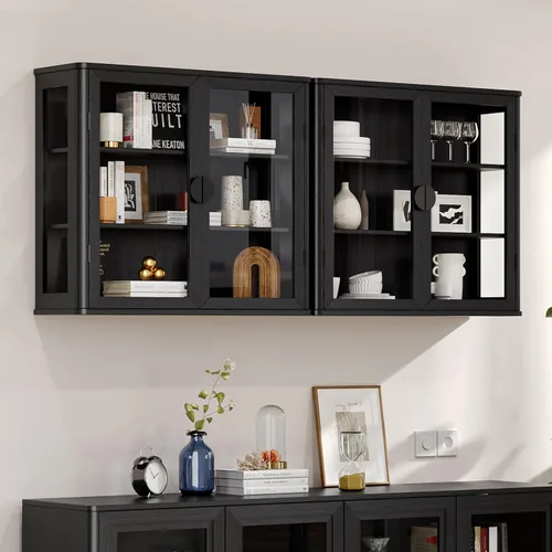 Vista 14 de NEWOWNDS Gabinete de Almacenamiento de Pared con Vitrina de Vidrio Templado Negro, Gabinete de Pared para Baño, Gabinete Montado en la Pared