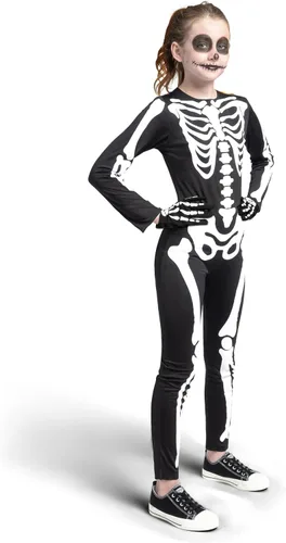 Vista 6 de Spooktacular Creations Disfraz de esqueleto de Halloween para niños, overol unisex de esqueleto que brilla en la oscuridad con guantes para niños