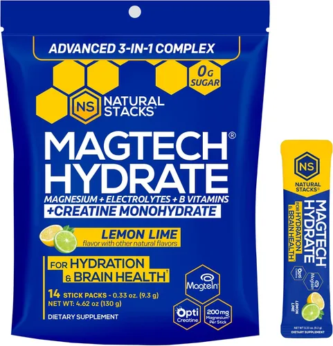 Vista 12 de MagTech - Paquetes de hidrato de magnesio - Polvo de hidratación sin azúcar - Magteína Magnesio L-treonato, glicinato y taurato - Complejo triple