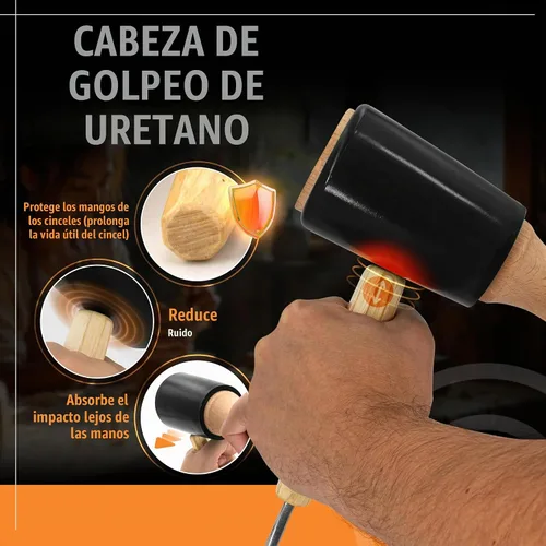 Vista 3 de Mazo de tallado de madera de precisión de 15 onzas para carpintería, cómodo mango de madera que reduce la fatiga de la mano, cabeza de uretano que