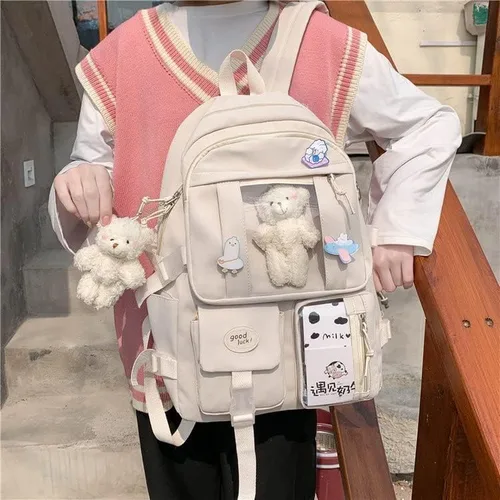 Vista 2 de Mochila escolar Kawaii para adolescentes y niñas, estética para el regreso a clases, linda y adorable con pin Kawaii y bonito accesorio, Blanco, L