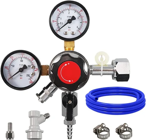Vista 2 de PERA Regulador de barril CO2 CGA-320 con línea de gas, perilla de ajuste de presión con válvula de alivio de presión manual de seguridad con una
