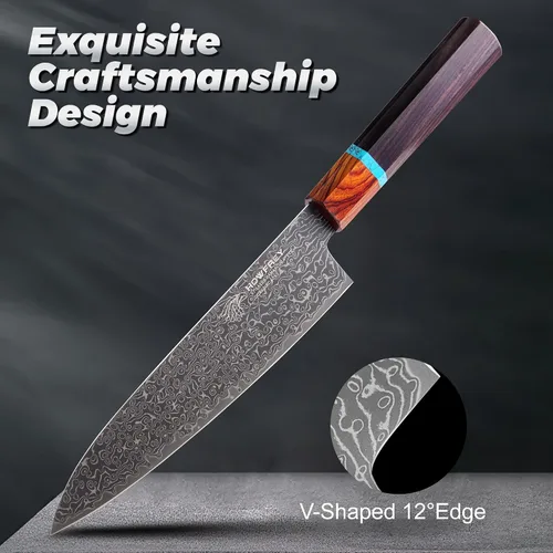 Vista 7 de Cuchillo de chef de Damasco, cuchillos de cocina japoneses de 8 pulgadas con 67 capas, acero inoxidable de alto carbono afilado con mangos