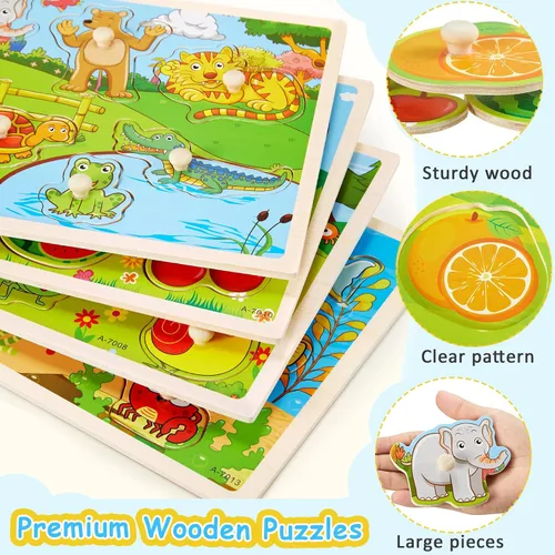 Vista 3 de Chivao - Juego de 8 rompecabezas de madera para animales, vehículos y Temas de insectos vegetales del océano de granja, habilidades motoras