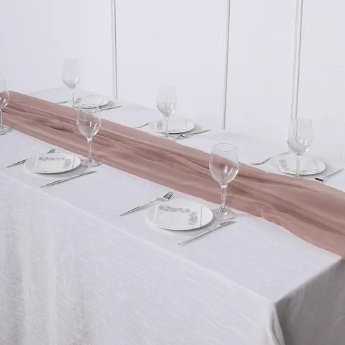 Vista 9 de Tableclothsfactory Camino de mesa de gasa de amatista de 22 x 80 pulgadas para bodas, fiestas, banquetes, decoración, ajuste rectangular y mesa