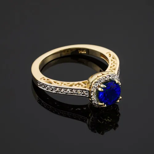 Vista 2 de Anillo de compromiso de oro amarillo de 14 K con diamante Halo Septiembre de piedra natal, zafiro azul (1,24 quilates, claridad SI1-SI2, color G-H)