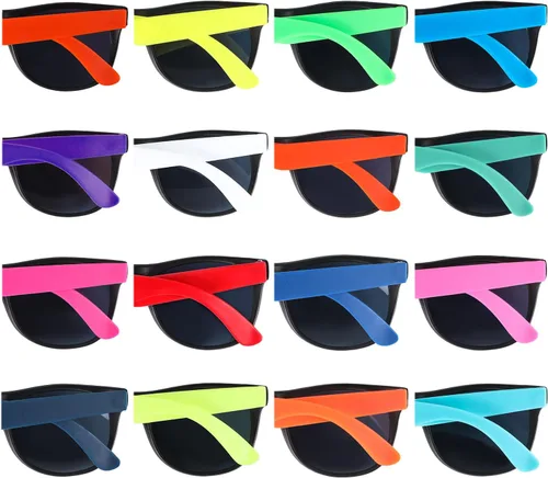 Vista 5 de Paquete de 32 lentes de sol de neón de 16 colores, regalos de fiesta, estilo de los años 80, coloridos juegos de gafas de sol para fiesta, perfectos