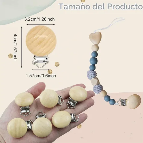 Vista 2 de 20 clips de madera para chupete para sujetar la dentición, clips de suspensión de juguete de madera de haya natural, soporte para chupete