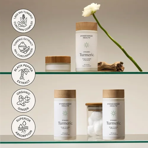 Vista 6 de Stonehenge Health Cúrcuma Dinámica con Curcumina y Jengibre - Alta Potencia - 1,650 mg de Cúrcuma con 95% de Curcuminoides y BioPerine, 90 Cápsulas