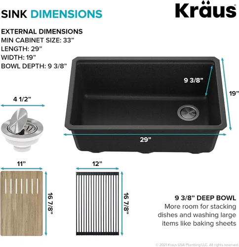 Vista 7 de KRAUS Bellucci Fregadero de cocina de granito con estación de trabajo empotrado de 30 pulgadas en negro metálico con accesorios, KGUW2-30MBL