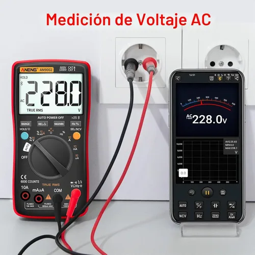 Vista 5 de ANENG - Multímetro digital con Bluetooth, probador auto-rango TRMS 6000 conteos, ohmímetro para voltaje AC/DC, corriente, resistencia, continuidad