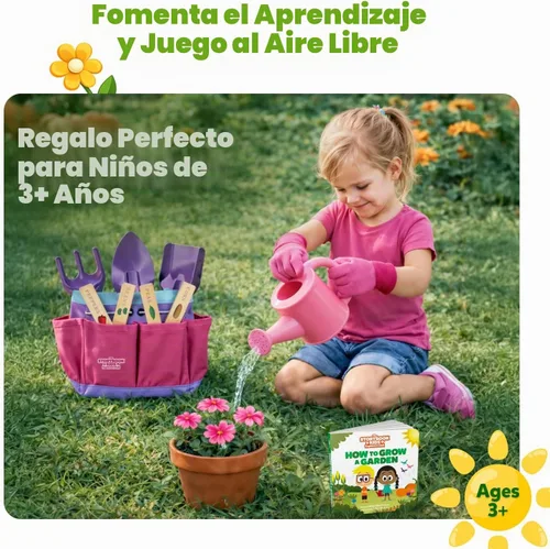 Vista 3 de Herramientas de jardinería rosas para niños: incluye bolsa de mano resistente, regadera, guantes, palas, estacas de jardín y un encantador libro