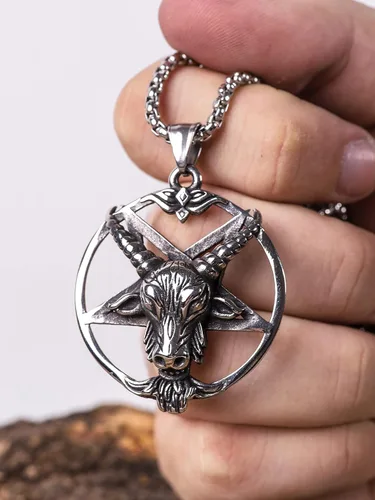 Vista 2 de HAQUIL Collar de Baphomet de acero inoxidable colgante de cabra sabbatic invertido cadena de caja
