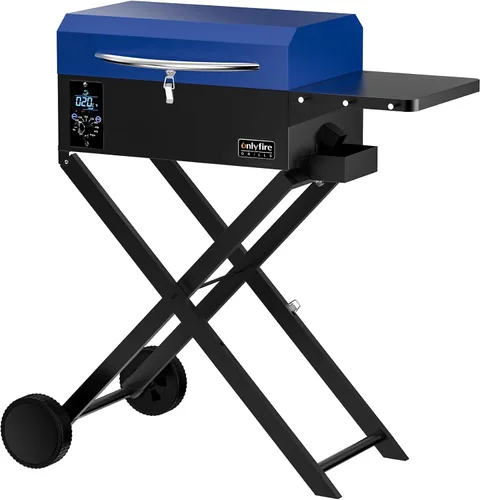 Vista 10 de ONLYFIRE GRILLS Parrilla Ahumadora de Pellets de Madera para BBQ con Carrito Plegable, Sonda de Carne, Área de Cocción de 2 Niveles, Estufa de Negro
