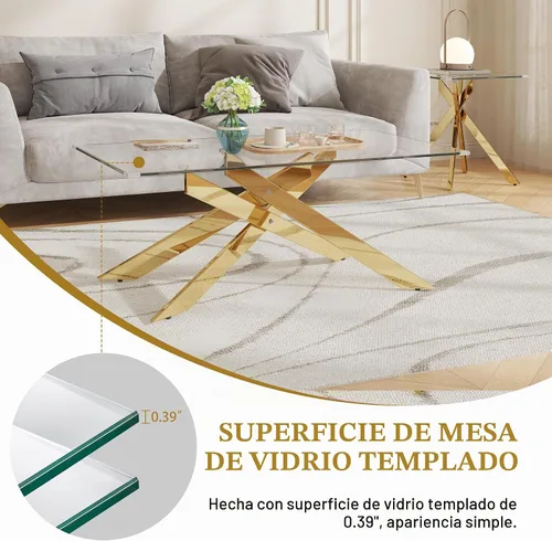 Vista 4 de Juego de mesa de sala de estar de 3 piezas, incluye 1 mesa auxiliar rectangular de vidrio con 2 mesas auxiliares cuadradas, juego de 3 mesas