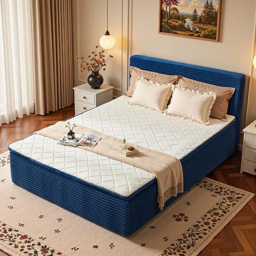 Vista 13 de Base de cama matrimonial sin hueso con cabecera de colchón, cama sin Beige
