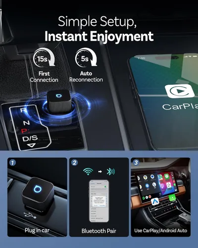Vista 5 de Ottocast Mini Cube 3.0 Adaptador Inalámbrico CarPlay y Android Auto 2026 – Enchufe y Reproduce, Rápida Reconexión Automática (Negro)