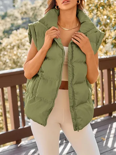 Vista 2 de AUTOMET Chalecos acolchados para mujer, chaquetas de moda de otoño, trajes hinchados, abrigos de moda sin mangas, ropa de invierno