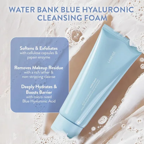 Vista 3 de LANEIGE Espuma limpiadora de banco de agua: lavado facial hidratante y removedor de maquillaje con ácido hialurónico y enzima de papaína para una