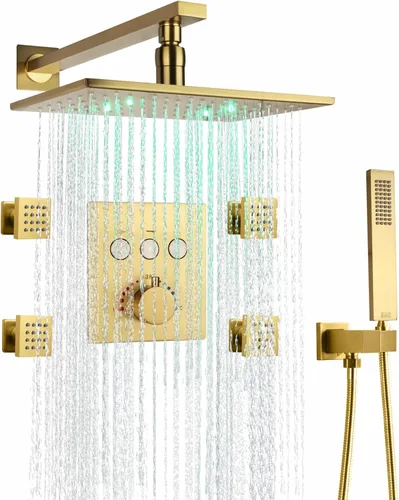 Vista 12 de Cabezal de ducha de lluvia de techo LED redondo de oro cepillado de 10 pulgadas, DULABRAHE termostático para baño, sistema de ducha de lluvia de Oro