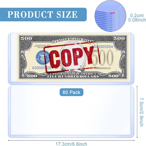 Vista 3 de Sepamoon 60 fundas para billetes de dólar, 6.9 x 2.95 pulgadas, fundas de plástico duro transparente para monedas, impermeables, soporte