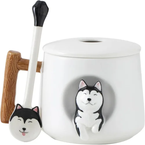 Vista 12 de DIHOclub Taza de café de cerámica con tapa y cuchara a juego, taza novedosa 3D con patrón de Husky para té, leche, chocolate, jugo, taza linda