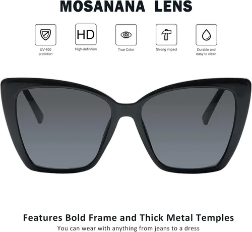 Vista 2 de Mosanana Gafas de sol de ojo de gato de gran tamaño para mujer, estilo moderno, modelo GLAM