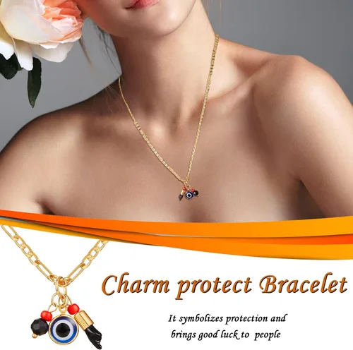 Vista 4 de MTLEE 3 piezas chapado en oro Azabache Collar contra el mal de ojo Figa Protección Joyería, Acero inoxidable, Aleación.