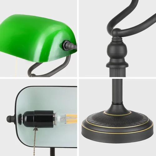 Vista 6 de Lámpara de escritorio de banqueros de vidrio verde antiguo con interruptor de cadena de tracción Enchufe en accesorio Interruptor de cadena