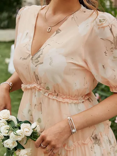 Vista 4 de Amegoya Vestido largo casual de manga corta con cuello en V para mujer, diseño floral, estilo bohemio, para la playa, sesión de fotos, con volantes