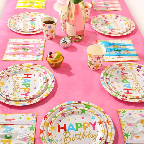 Vista 5 de Meanplan - Juego de 168 platos de feliz cumpleaños y servilletas para 24 invitados