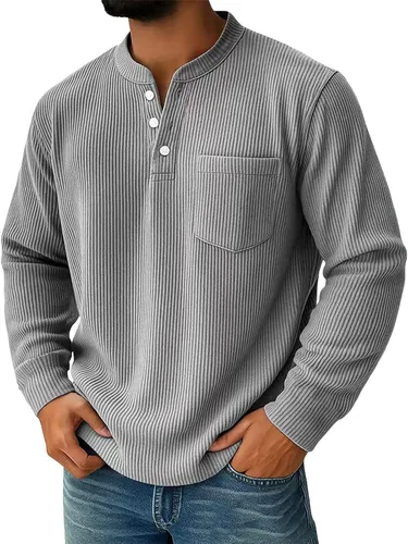 Vista 11 de Sudadera Henley para hombre, cuello en V a rayas, ajuste holgado, suéter de manga larga con bolsillos