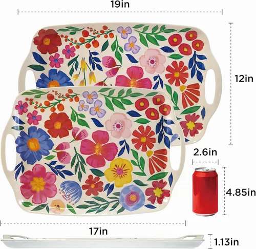 Vista 2 de TP Bandejas de melamina con asas, 17 x 12 pulgadas, juego de 2, floral