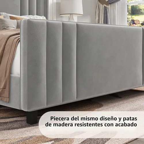 Vista 5 de Albott Base de cama de plataforma tamaño King, cama tapizada con cabecera y estribo con alas capitoné de canal vertical, terciopelo de alta calidad