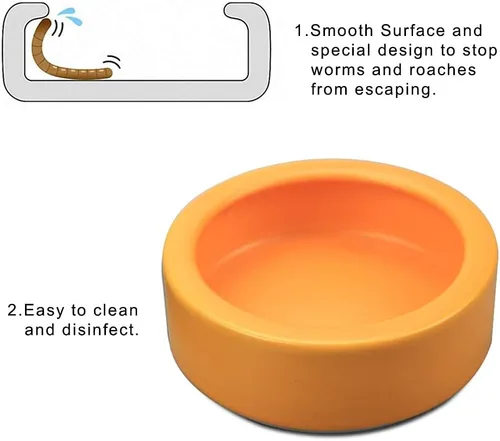 Vista 3 de Plato de cerámica para gusano de reptil, a prueba de escape, cuenco circular (grande, naranja)