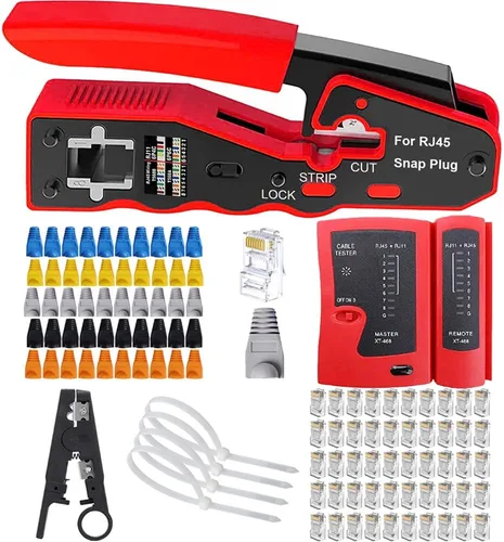 Vista 7 de LEATBUY - Herramienta de crimpado CAT5 CAT6, kit de herramienta de crimpado RJ45, 50 conectores RJ45 LAN Ethernet, 50 cubiertas, probador de cables