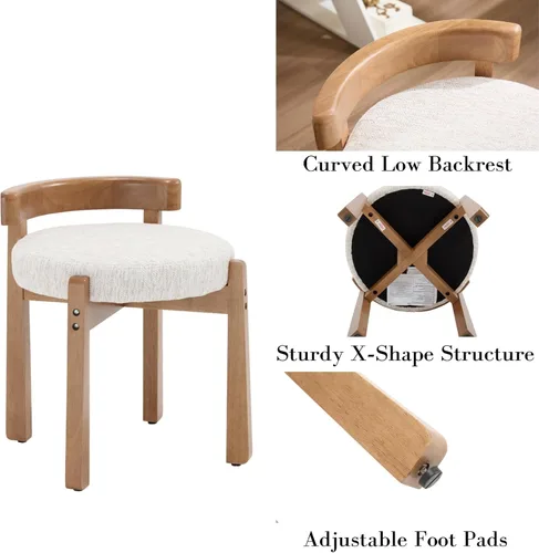 Vista 4 de DUOMAY Taburete de tocador de felpilla beige con respaldo bajo, altura del asiento de 18.75 pulgadas, otomana redonda tapizada, patas de goma