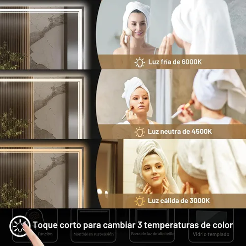 Vista 3 de Ratsamee Espejo de baño LED de 30x30 pulgadas con iluminación frontal y trasera (control independiente), espejo iluminado para pared de baño con 3 3