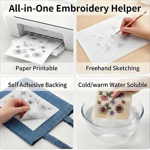 Vista 3 de AIXUEXI - Papel de bordado soluble en agua para pegar y puntar, 8.5 x 11, paquete de 4 unidades WATER SOLUBLE STABILIZER: Self-adhesive stick