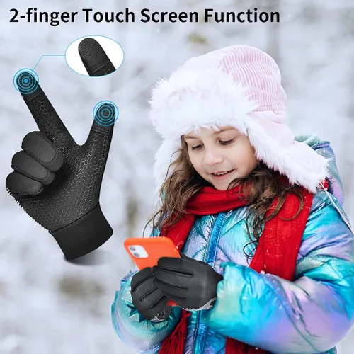 Vista 2 de OOPOR Winter Warm Cycling Kids Gloves - Cold Weather Thermal Running Ski Bike Black Mittens Aged 4-12 Boys Girls