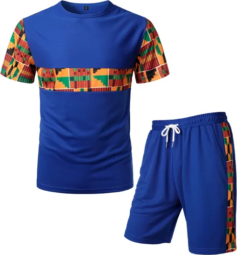 Vista 7 de LucMatton Conjunto de camiseta y pantalones cortos con estampado africano de verano para hombre, 2 piezas, conjunto deportivo de malla, trajes