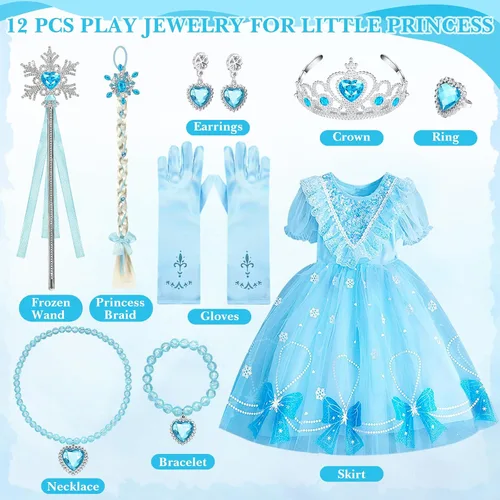 Vista 4 de Chuarry Vestido de disfraz de Elsa para niñas, accesorios de disfraz de princesa, para Navidad, cumpleaños, fiesta, cosplay