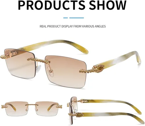 Vista 4 de KAMMPT Gafas de sol vintage sin montura para mujeres y hombres, lentes rectangulares de metal dorado con diamantes sin marco